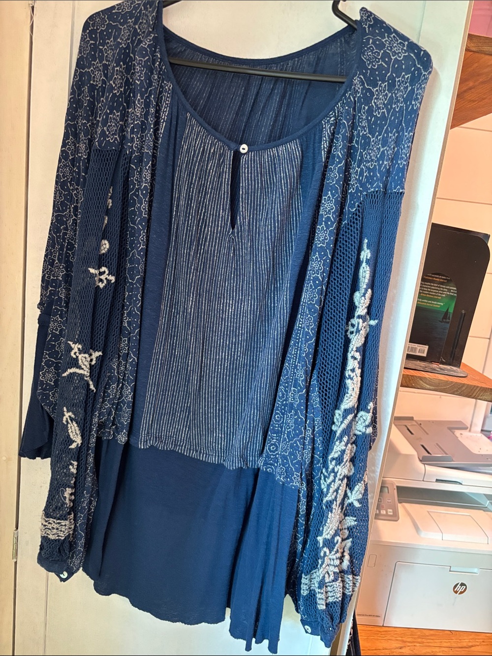 FREE PEOPLE Navy Blue Layered Knit Top with Embroidered Cardigan